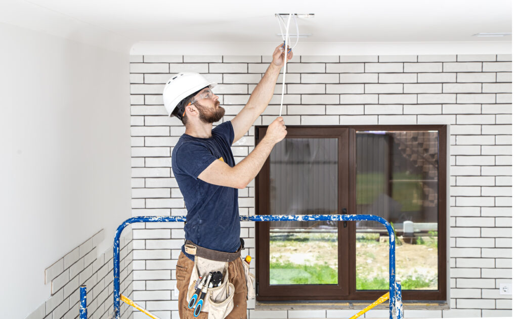 Electrician Builder at work, installation of lamps at height.